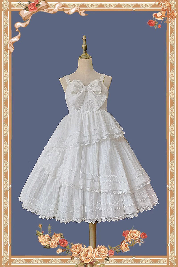 White Solid Color Tower of Dawn Bowknot Sleeveless Ruffle Sweet Lolita Dress - Product - 12