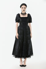 Black Lace Square Collar Short Puff Sleeves Lace-Up Ruched Women's Gothic Wedding Dress - Product - 7