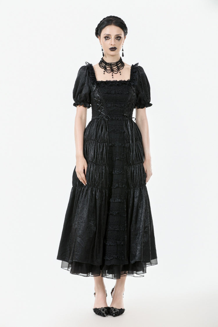 Black Lace Square Collar Short Puff Sleeves Lace-Up Ruched Women's Gothic Wedding Dress - Product - 7