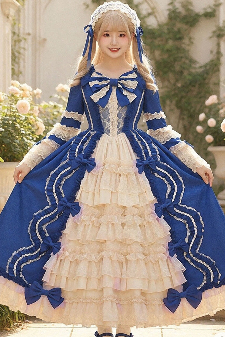 Sweet Long Sleeves Multi-Layered Ruffled Open-Front Bow Lace Princess Lolita Victorian Dress 5 Colors - Blue - 6