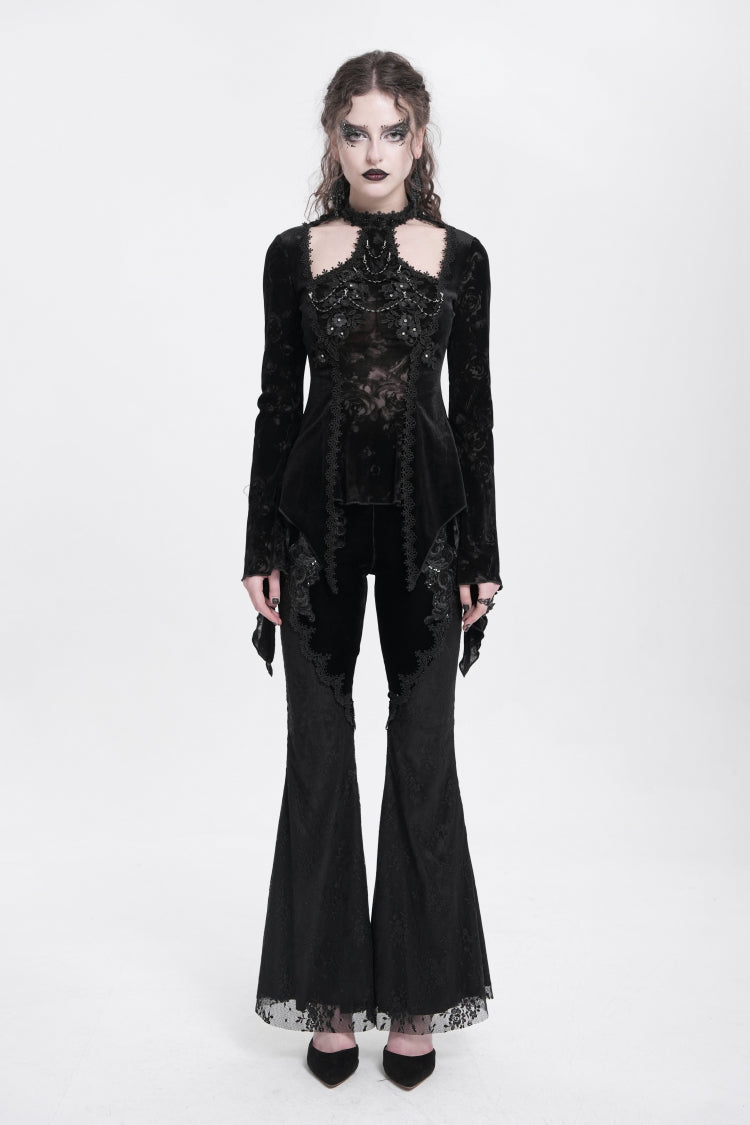 Black Halterneck Long Trumpet Sleeves Jacquard Embroidery Women's Gothic Blouse - Product - 5