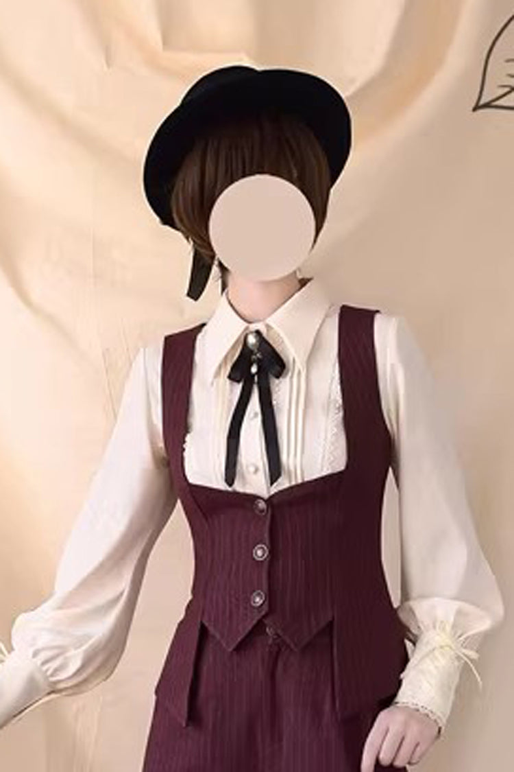 Red [Griffin’s Pact] Bust Support Striped Printed Gothic Ouji Lolita Shorts Vest Set - Vest - 2