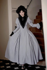 Light Grey [Nocturne] Vertical Stripes Print Ruffle Bowknot Lace Gothic Lolita Dress 2 Versions - Product - 7