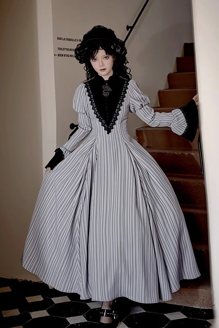 Light Grey [Nocturne] Vertical Stripes Print Ruffle Bowknot Lace Gothic Lolita Dress 2 Versions - Product - 7
