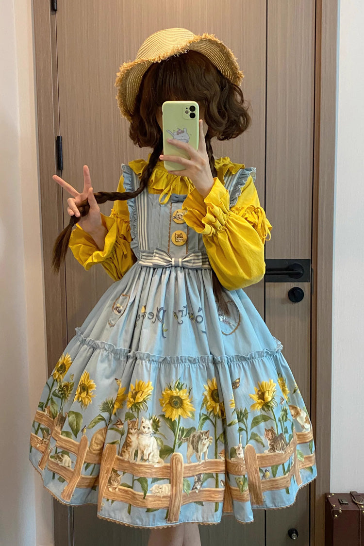 Cat and Sunflower Print Bowknot Sweet Lolita Jsk Dress 2 Colors - Blue - 1