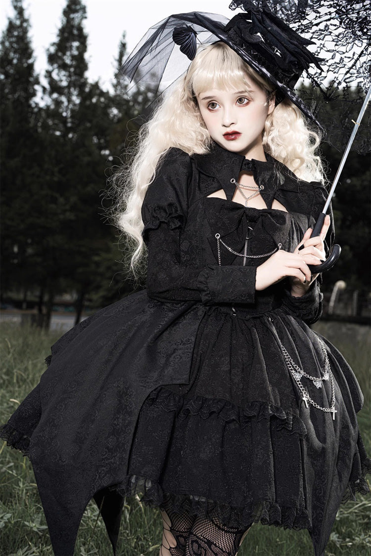Black Dark Night Law Long Sleeves High Waisted Cardigan Bowknot Lace Gothic Lolita Dress - Product - 5