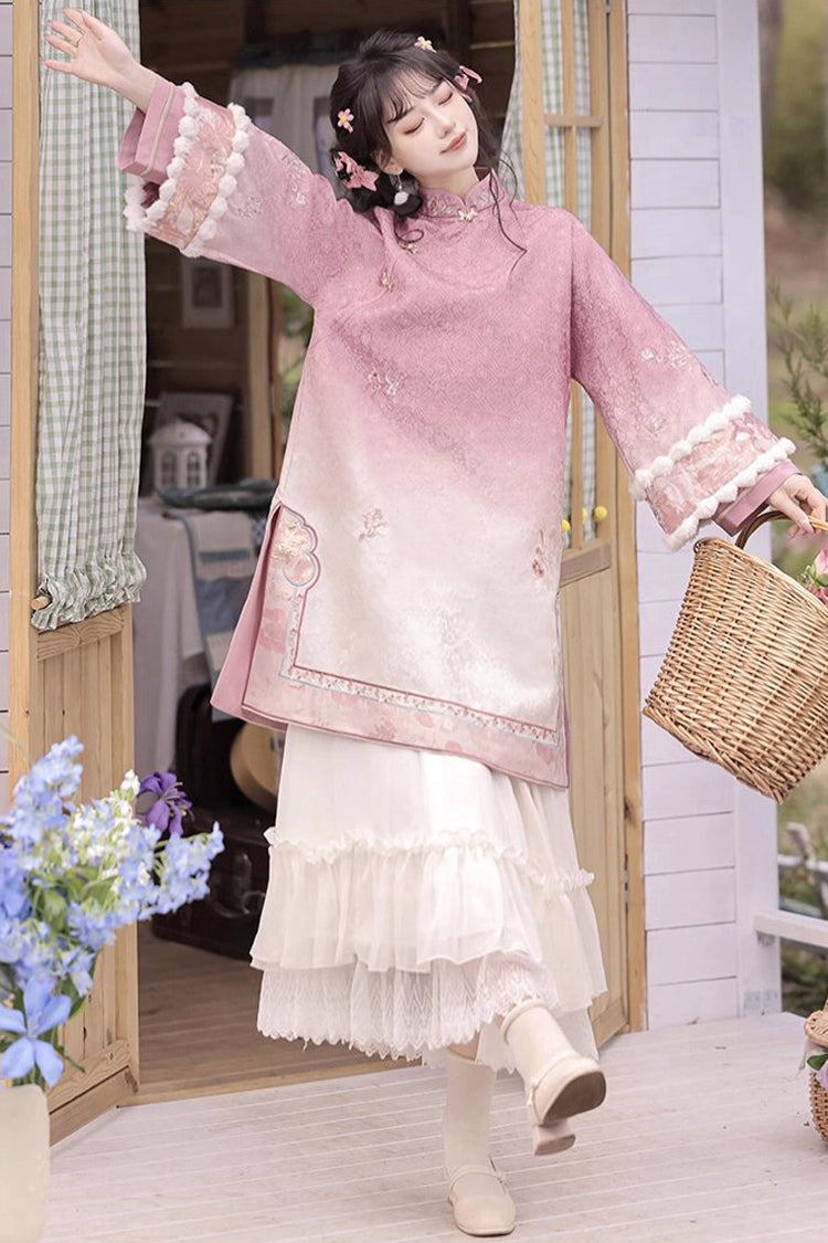 Pink Round Collar High Waisted Embroidery Women's Elegant Hanfu Dress Full Set - Product - 5