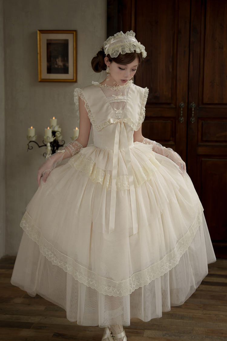 White [Dream by the Pillow] Triple-Layered Ruffled Bow Lace Sweet Elegant Lolita Dress - White - 1