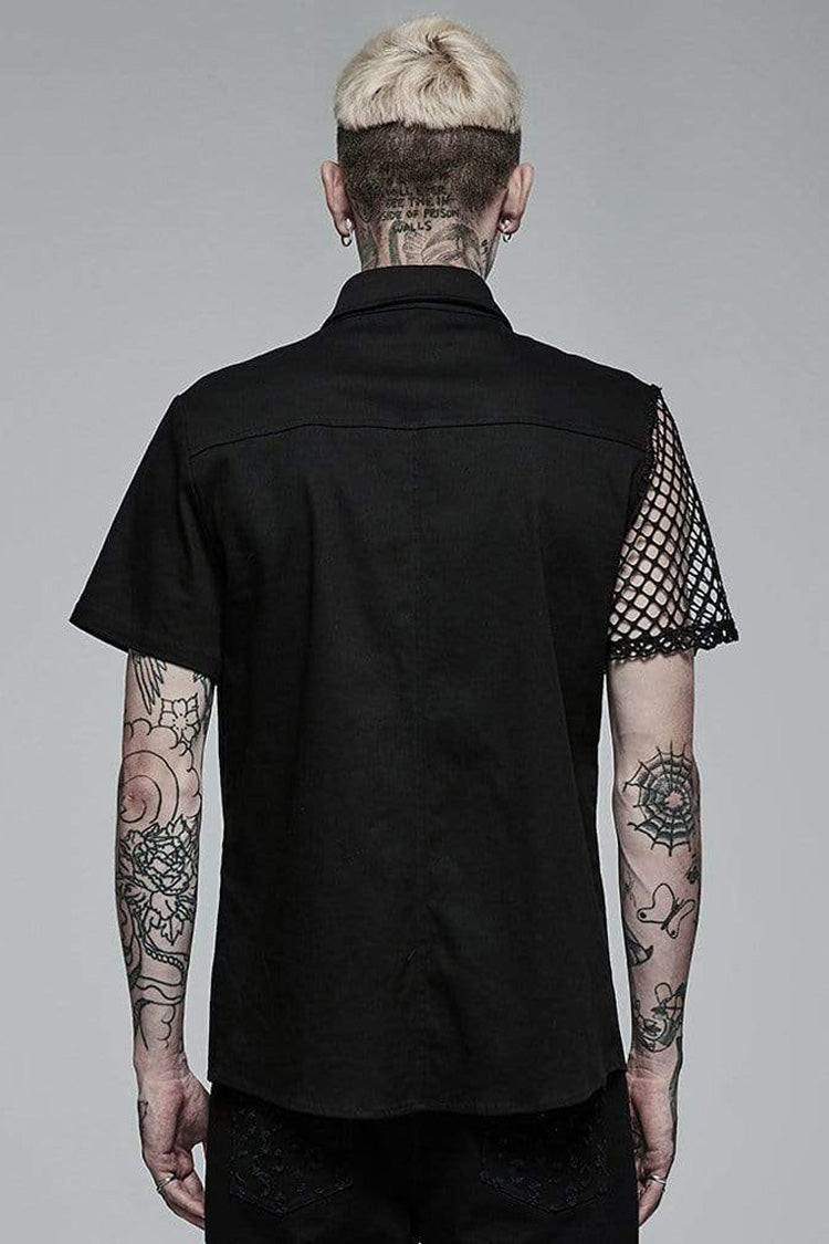 Black Punk Elastic Cotton Twill Fabric Spliced Diamond Mesh Asymmetrical Personality Short Sleeve Men's Shirt - Product - 3