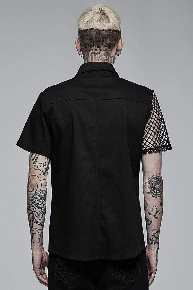 Black Punk Elastic Cotton Twill Fabric Spliced Diamond Mesh Asymmetrical Personality Short Sleeve Men's Shirt - Product - 3