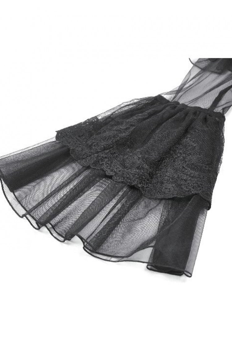 Black Cut-Out Multi-Layered Ruffled Long Trumpet Sleeves Sheer Mesh Splice Lace Lace-Up Women's Gothic Dress - Product - 14