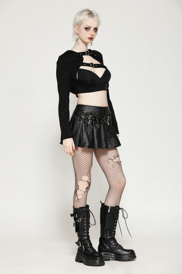 Black Low Waisted Buckle-Up Women's Punk PU Leather Pleated Mini Skirt - Product - 6