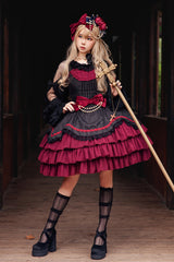 [Pearl Box] Sleeveless Triple-Layered Bowknot Lace Slim Pearl Sweet Elegant Lolita Jsk Dress 3 Colors - Black/Red - 1