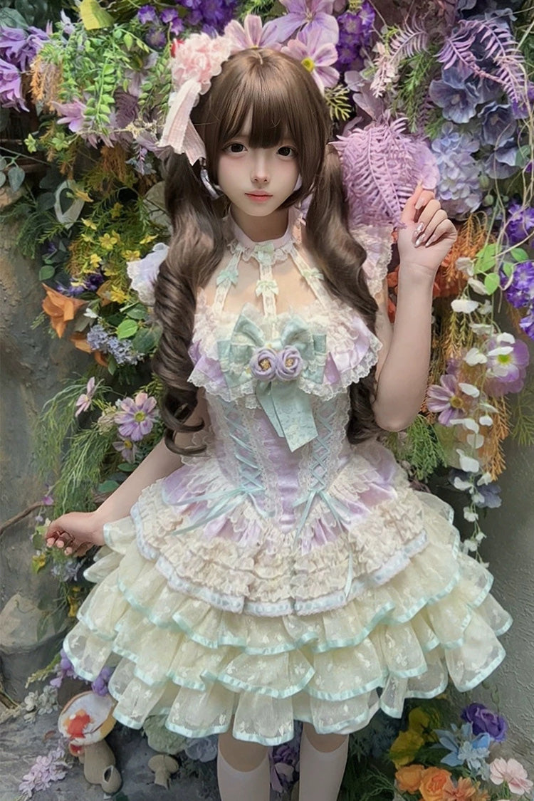 Purple [Flower Language of Eros] Halterneck Multi-Layered Ruffle Bowknot Rose Lace Lace-Up Sweet Ballet Lolita Jsk Dress - Product - 2