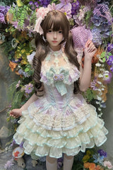Purple [Flower Language of Eros] Halterneck Multi-Layered Ruffle Bowknot Rose Lace Lace-Up Sweet Ballet Lolita Jsk Dress - Product - 2