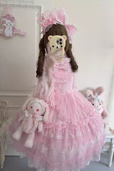 Pink [Sugar Heart Knot] Multi-Layered Ruffled Bow Lace Sweet Lolita Jsk Dress - Product - 3