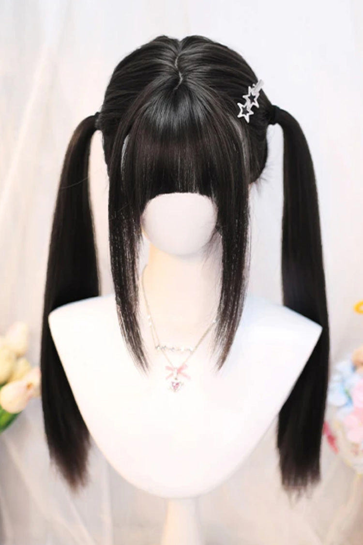Cute Sweet Girl JK Long Straight Double Ponytail Wig with Neat Bangs 2 Colors - Black-Tea-Brown - 2