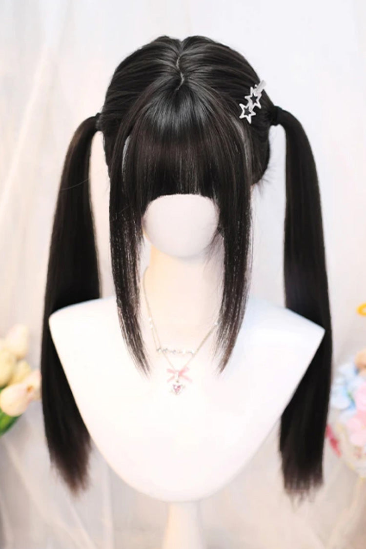 Cute Sweet Girl JK Long Straight Double Ponytail Wig with Neat Bangs 2 Colors - Black-Tea-Brown - 2