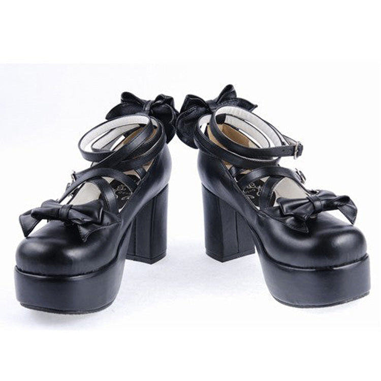 Black Synthetic Leather Cross Straps Bow Lolita Shoes - Product - 2