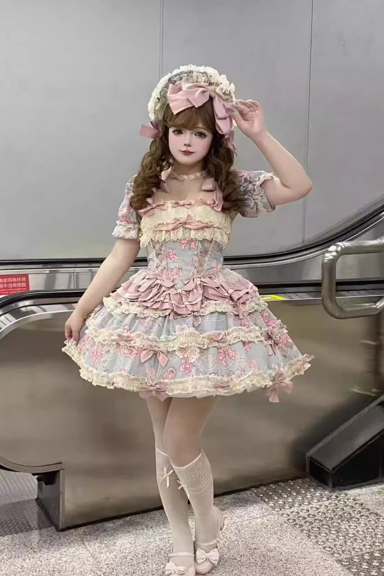 Blue/Pink [Gem Rose] Multi-Layered Ruffle Bowknot Lace Sweet Princess Lolita Skirt 2 Versions - Product - 13