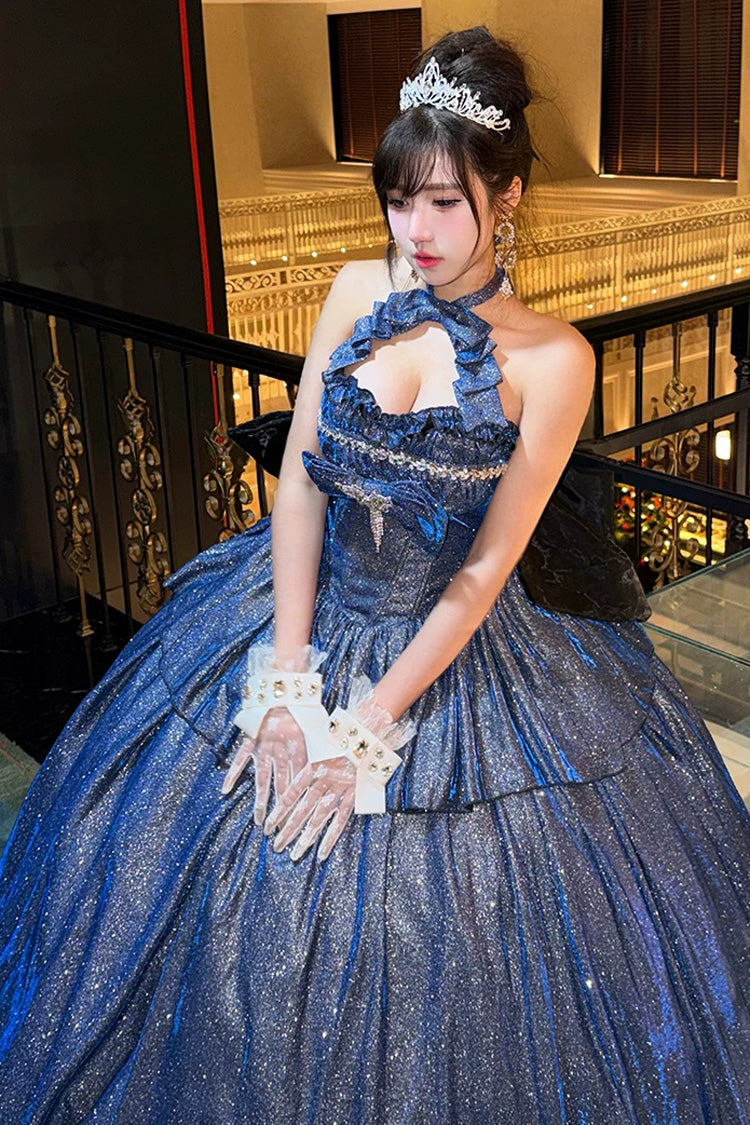Blue [Paris-Inspired] Sleeveless Glitter Series Ruffled Cut-Out Bow Sweet Lolita Skirt Set - Product - 9