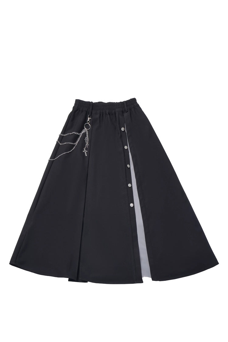 Black [Hymn of the Cross] Long Sleeves Printed Ruffled Asymmetric Chain-Decorated Gothic Jirai Kei Skirt Set - Long Skirt - 12
