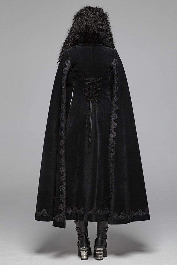 Black Fur Collar Slit Cloak Shape Sleeve Back Waist Lace Up Imitation Cashmere Long Women's Gothic Coat - Product - 5