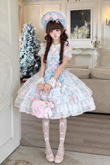 Blue [Moon-Tide Butterfly’s Call] Sleeveless Multi-Layered Ruffle Bowknot Lace Sweet Lolita Jsk Dress - Product - 4
