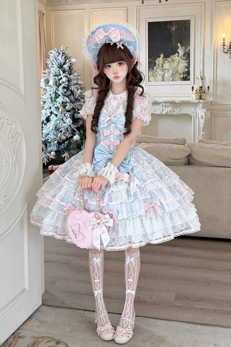 Blue [Moon-Tide Butterfly’s Call] Sleeveless Multi-Layered Ruffle Bowknot Lace Sweet Lolita Jsk Dress - Product - 4