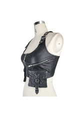 Black/Silver Hand Rubbed Leather Hasp Zipper Short Women's Punk Waistcoat - Product - 8