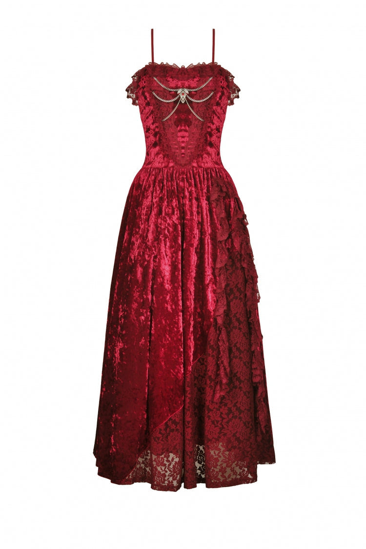 Red Sleeveless Spliced Lace Chain-Decorated Women's Gothic Velvet Slip Maxi Dress - Product - 3