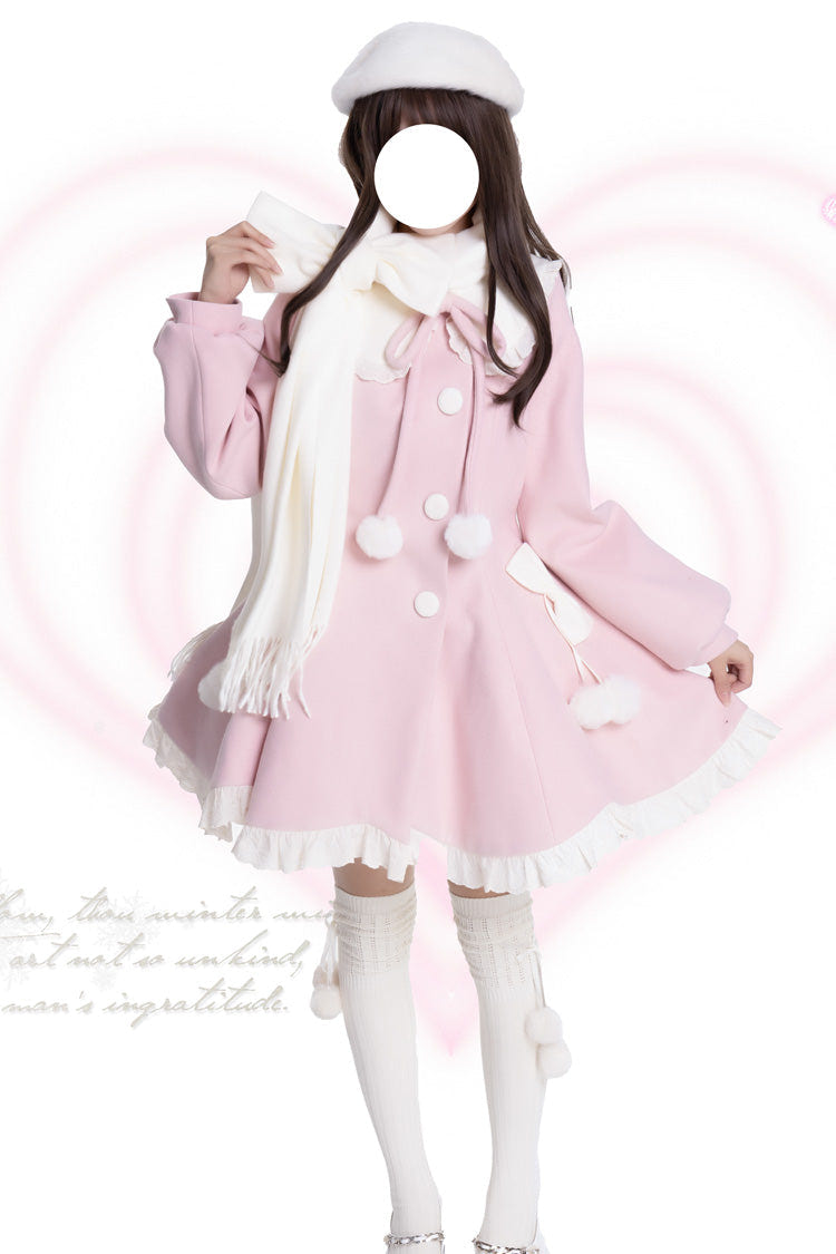 [Winter Sonata] Long Sleeves Ruffle Bowknot Sweet Elegant Princess Lolita Coat 2 Colors - Pink - 1