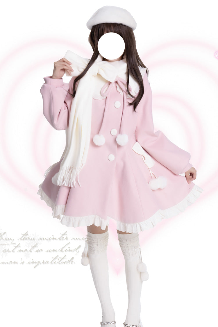 [Winter Sonata] Long Sleeves Ruffle Bowknot Sweet Elegant Princess Lolita Coat 2 Colors - Pink - 1