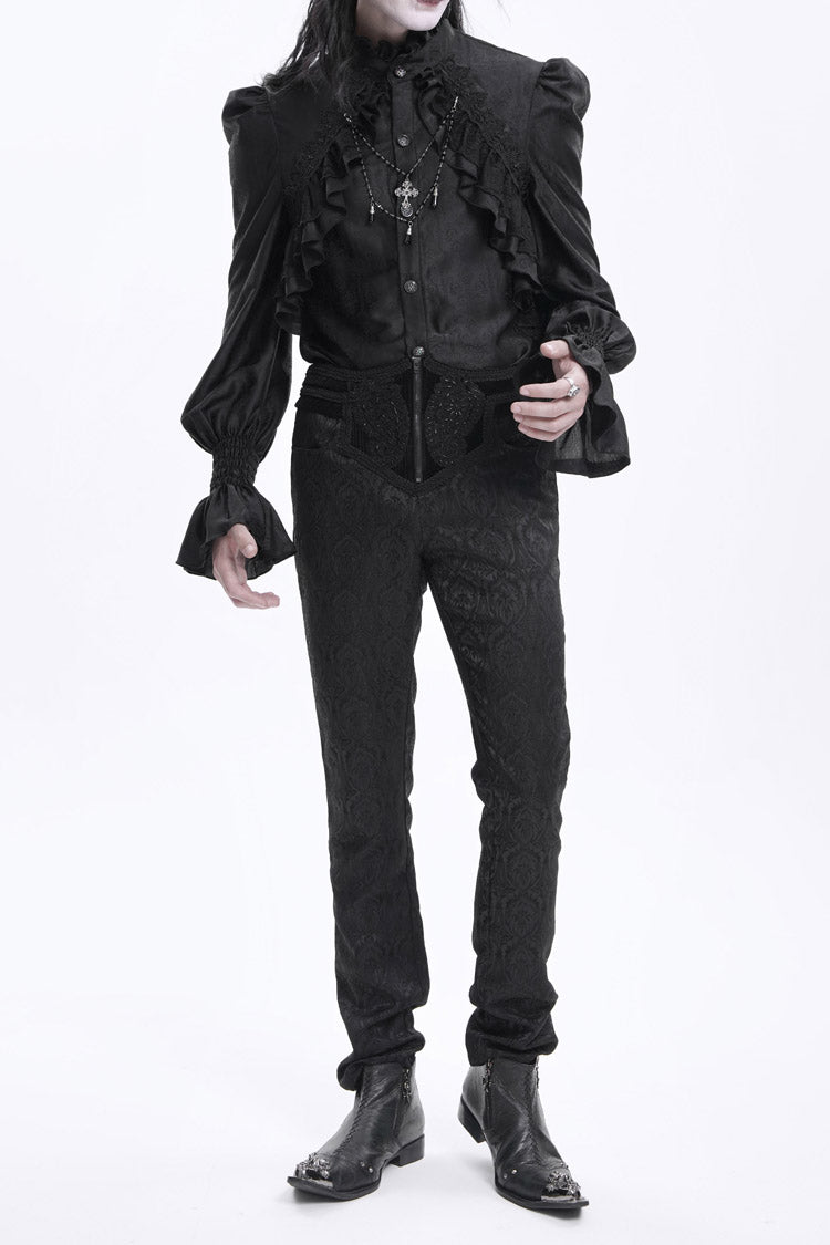 Black Floral Print Embroidery Branded Zip Men's Gothic Pants - Product - 4