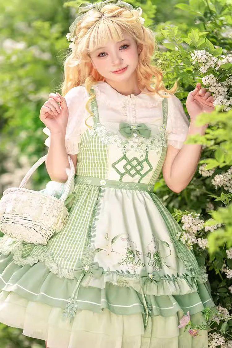Green Multi-layer Print Ruffle Bowknot Country Style Sweet Lolita Jsk Dress (With Apron) - Product - 6