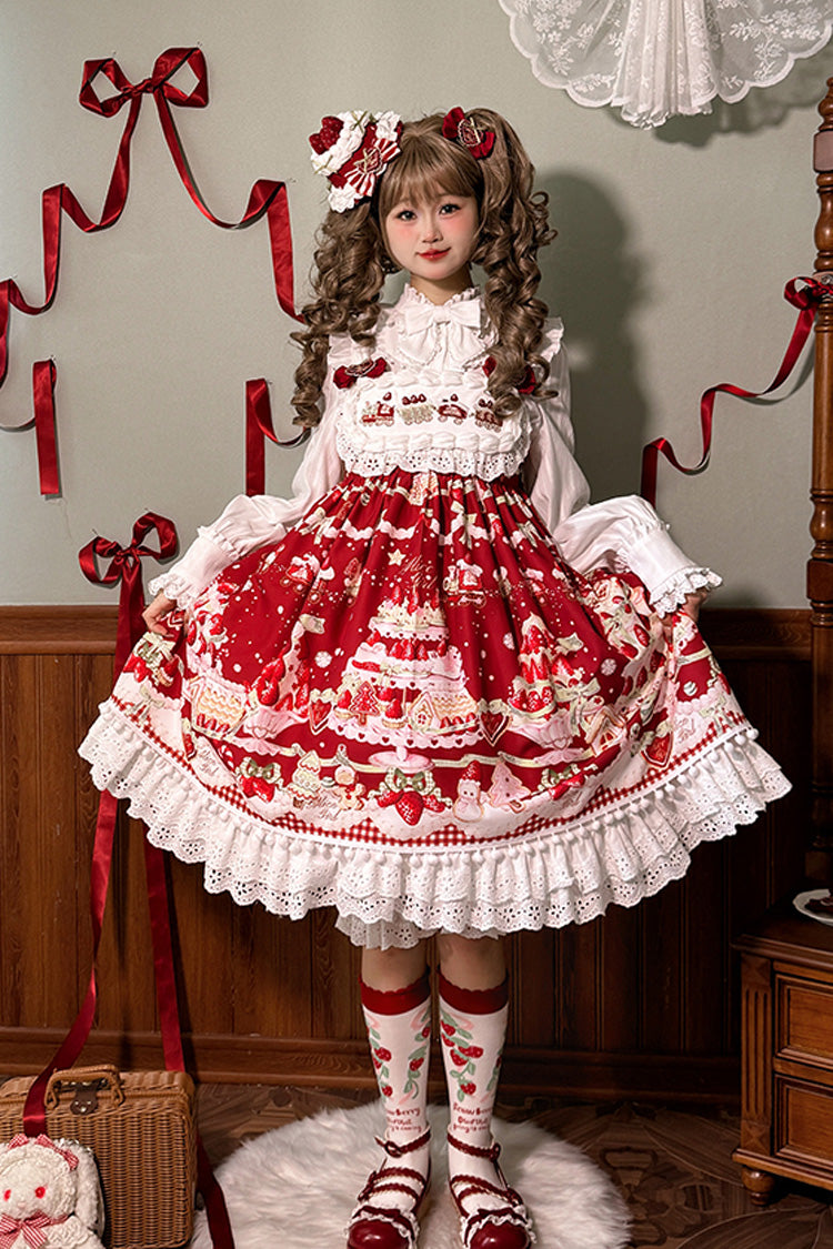 Mint Strawberry Dessert Print High Waisted Ruffle Bowknot Sweet Lolita JSK Dress 4 Colors - Red - 1