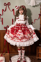 Mint Strawberry Dessert Print High Waisted Ruffle Bowknot Sweet Lolita JSK Dress 4 Colors - Red - 1