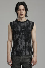 Black/Grey Round Collar Sleeveless Print Ripped Distressed Eyelet Men's Gothic Tank Top - Black/Grey - 1