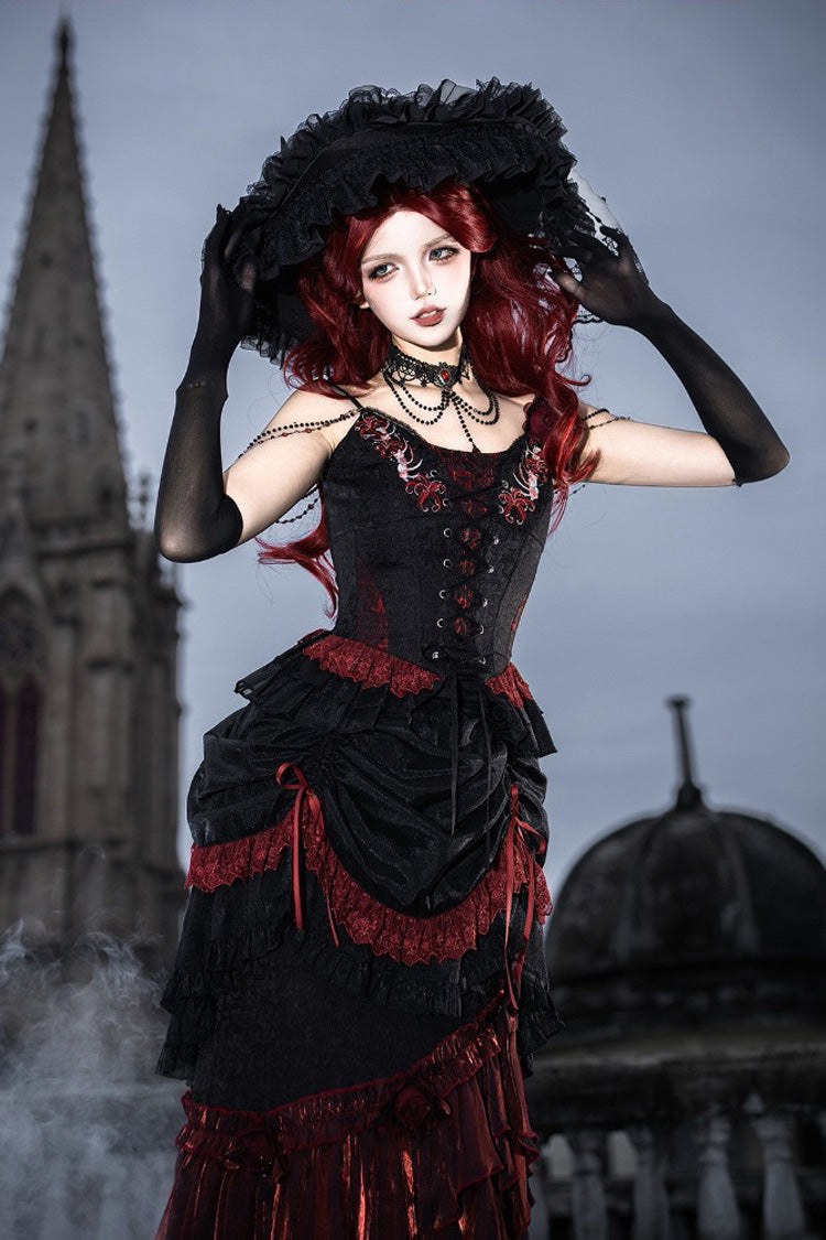 Black/Red [Rotten Bone Flower] Sleeveless Ruffled Embroidered Lace-Up Gothic Lolita Skirt Dress Set - Product - 6