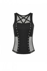 Black Women's Punk Sleeveless Studded Pentagram Sheer Mesh Splice Tank Top - Product - 3