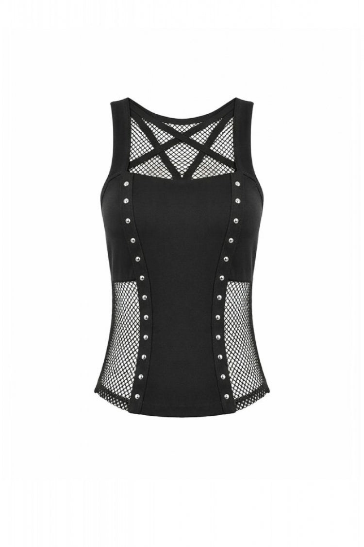 Black Women's Punk Sleeveless Studded Pentagram Sheer Mesh Splice Tank Top - Product - 3