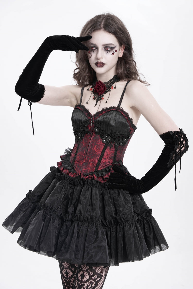Red Sleeveless Ruffle Embroidery Lace-Up Women's Gothic Tank Top - Product - 5
