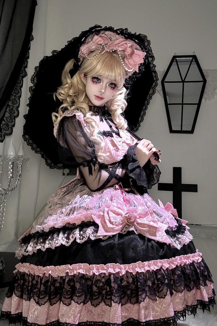 Black/Pink [Rose Princess] Sleeveless Ruffle Bowknot Lace Lace-Up Sweet Ballet Lolita Jsk Dress - Product - 7