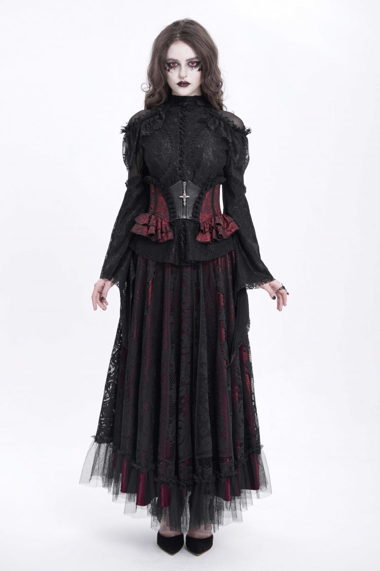 Black/Red Printed Spliced Lace Lace-Up Slim Zippered Women's Gothic Palace Corset - Product - 2
