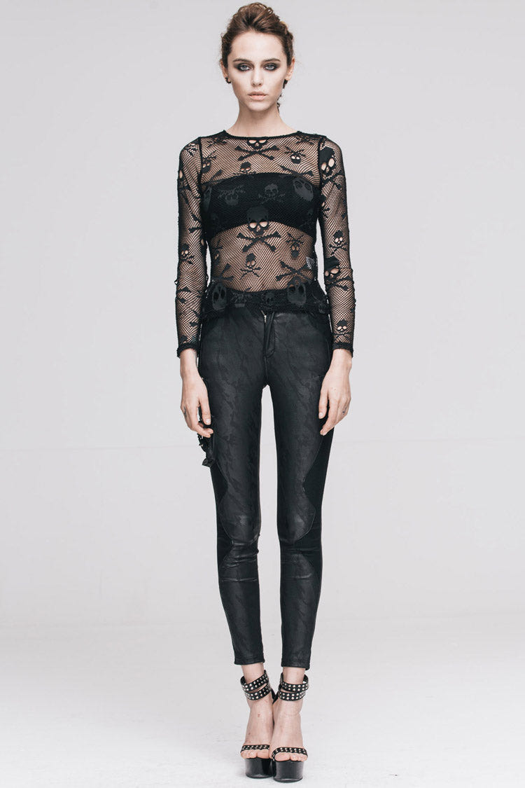 Black Skull Knit Long-Sleeve Open-Neck Round Collar Elastic Women's Punk Shirt - Product - 8
