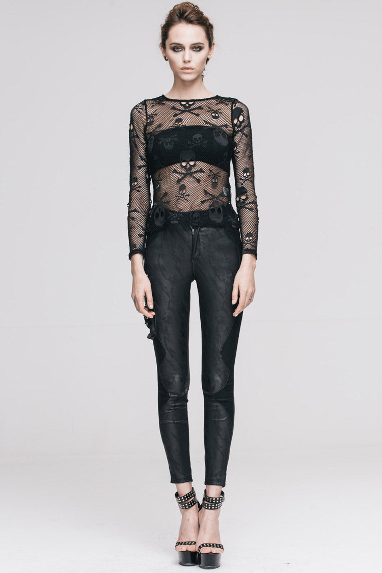 Black Skull Knit Long-Sleeve Open-Neck Round Collar Elastic Women's Punk Shirt - Product - 8