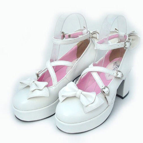 White Patent Leather Point Toe Bow Platform Classic Lolita Shoes - White - 1