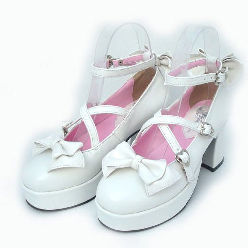 White Patent Leather Point Toe Bow Platform Classic Lolita Shoes - White - 1