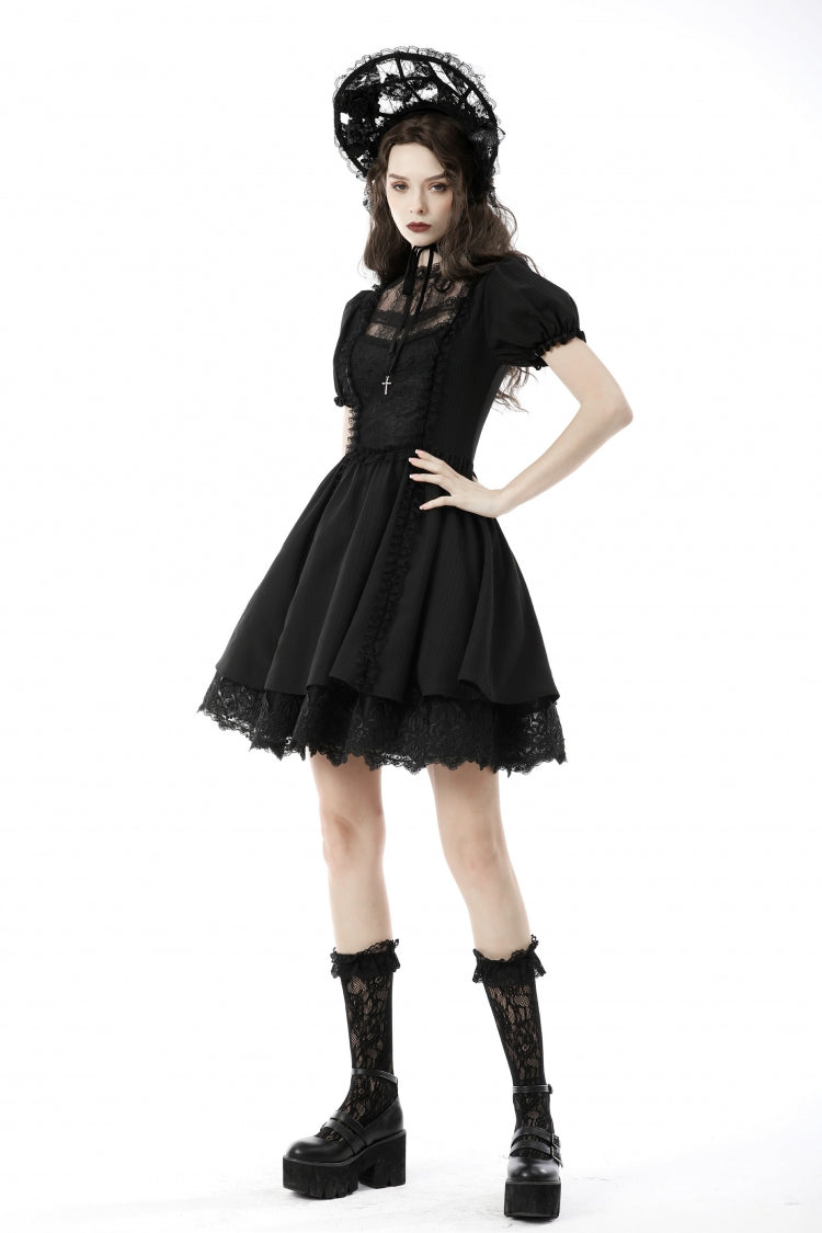 Black Tulle Lace Stand Collar Short Puff Sleeves Women's Lolita Gothic Doll Dress - Product - 2