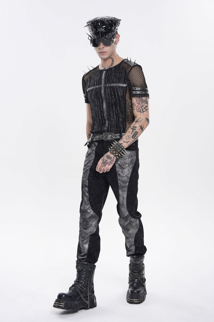 Black Round Collar Long Sleeves Spliced Slim Mesh Studded Eyelet Men's Punk T-Shirt - Product - 6